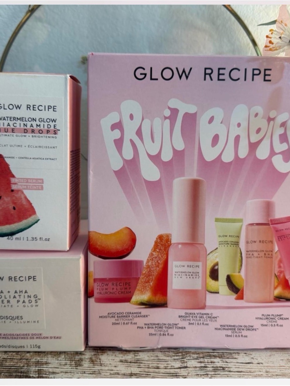 Glow Recipe Fruit Babies Set, watermelon glow toner pads and watermelon serum